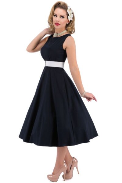Vintage Hepburn Dress with Elastic Belt in Navy