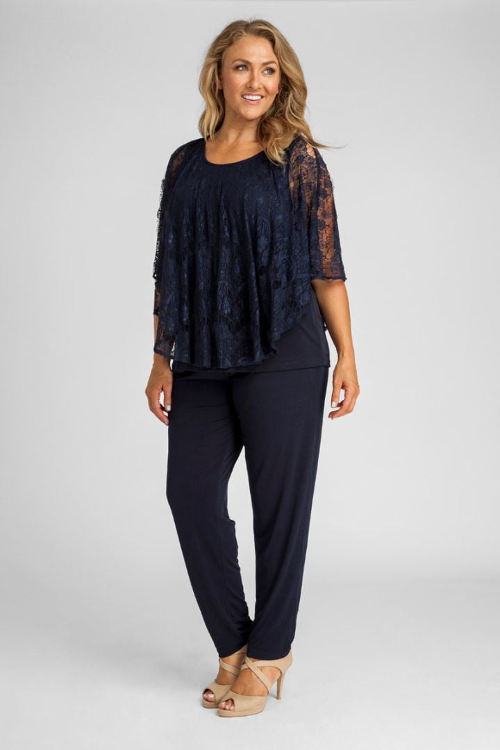 Plus Size Lace Overlay Top in Navy - Sapphire Butterfly