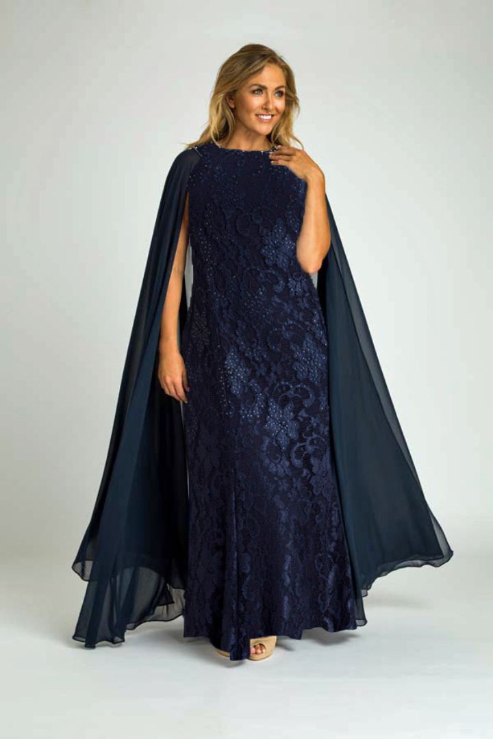 Crystal Studded Lace Evening Gown with Chiffon Cape - Sapphire Butterfly