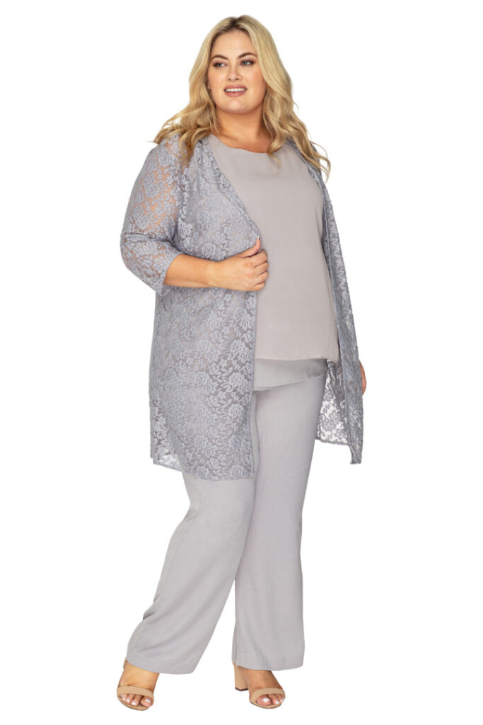 Chiffon Lace Top Pant Suit with Jacket Periwinkle
